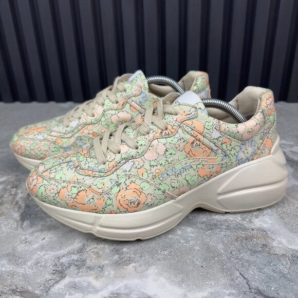 GUCCI Liberty Rhyton Floral Muticolor Canvas Sneaker Leather 8.5 US 38.5 EUR - Picture 9 of 16